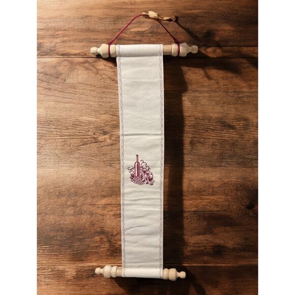 Wine-Themed Embroidered Scroll Wall Hanging With Wooden Rods & Red Cord - Picture 1 of 9